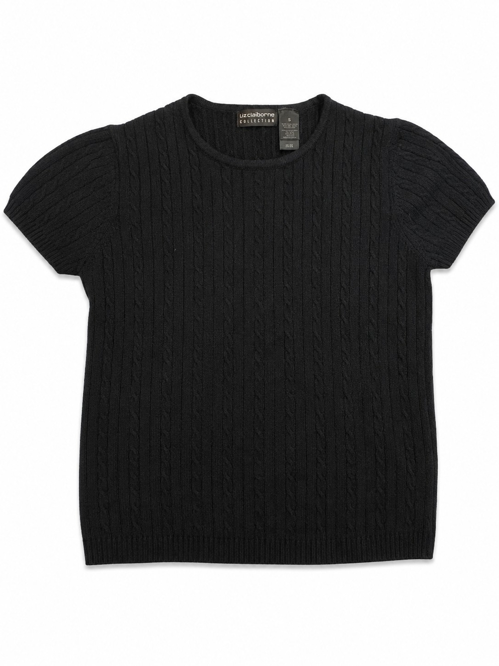 Liz Claiborne Y2k Black Cable Knit Short Sleeve Sweater, 100% Merino Wool, Small